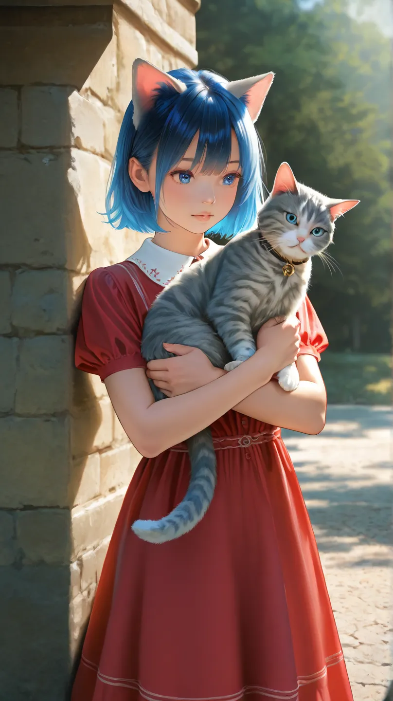 Jeune fille avec des oreilles de chat des yeux bleus, without lipstick with blue hair with a red dress with a cat drawing on it, Holding a gray cat