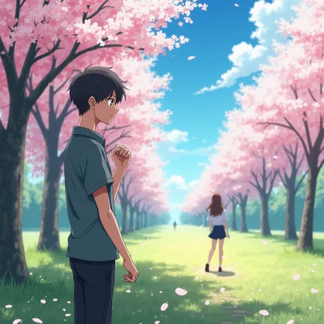 "An anime-style outdoor daylight scene set in a beautiful park with blooming trees, green grass, and a clear blue sky. A young man stands still, his face filled with heartbreak and determination. His wife, who once wanted freedom, is walking away from him,...