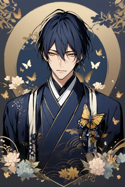 traditional Japanese pattern,1 boy, mikaduki munechika(Touken Ranbu), Slender ,ikemen,(((dark blue short hair))), The front hair is gathered in the center ,golden eyes,dark blue cloths,(((upper body ))),(((Background design))),Flowers, butterflies ,Crescen...