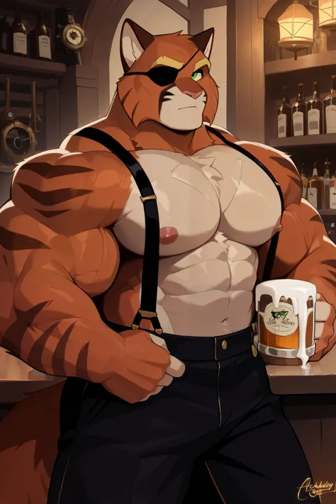 solo, hyper muscular furry (viktor vasco, Viktor[lackadaisy], Viktor Vasko[lackadaisy], black eyepatch on right eye, orange fur, orange body, yellow pattern, cream pattern, 1920s styled clothing, stripes, green eyes, large eyebrows, eyebrows, yellow eyebro...
