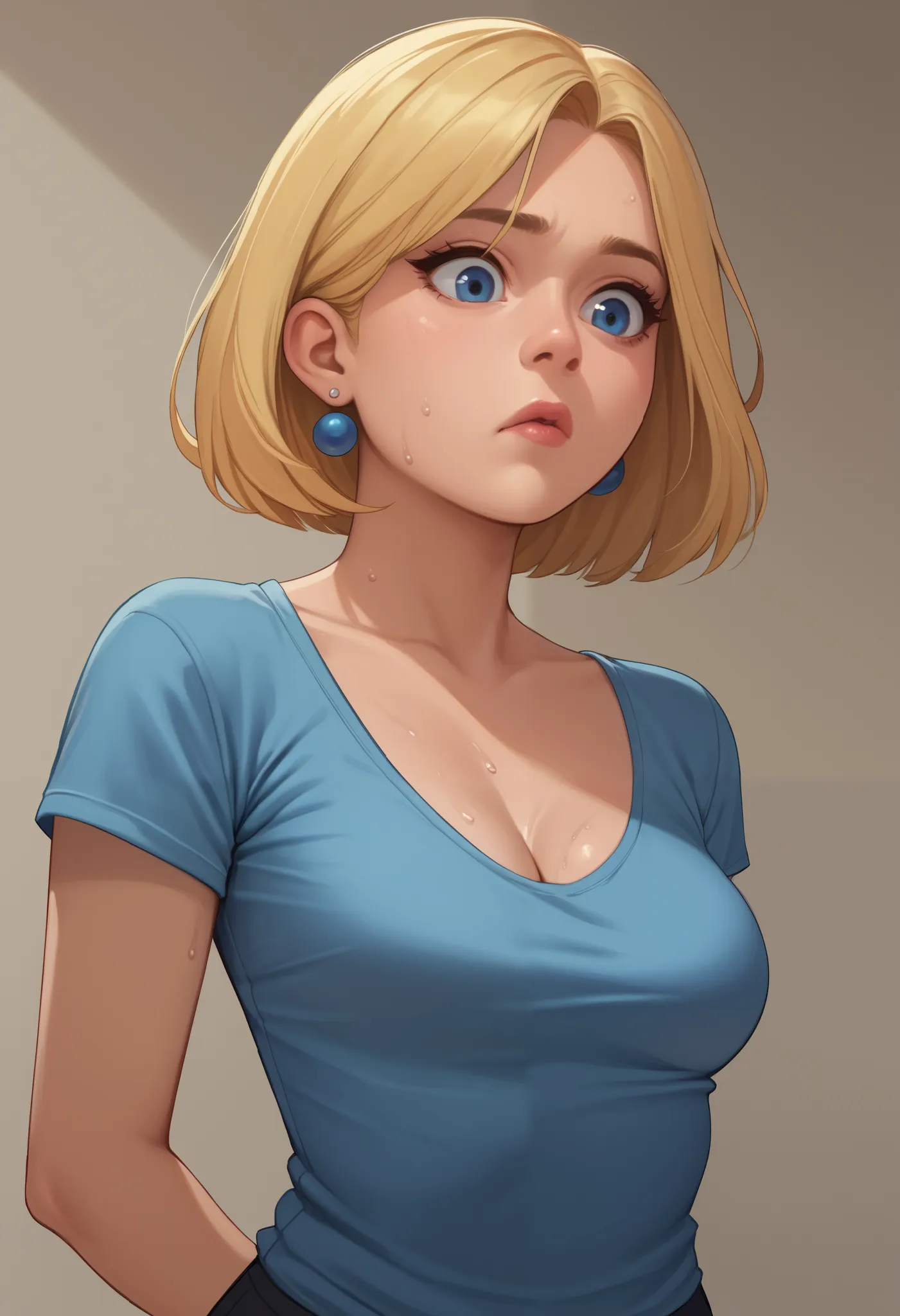 rita loud, mature woman, blonde hair, solo, short hair, small breasts, huge hips. huge ass. earrings, |  shirt, upper body, breast expansion, surprised, looking down, sweaty breasts, cleavage, dynamic angle. Hands behind your back
