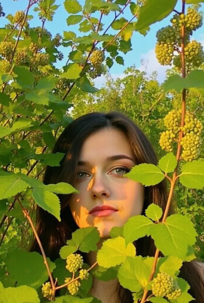 v8s, young woman partially obscured by lush green foliage, face peeking through dense clusters of small green berries or buds, dappled sunlight creating golden highlights on skin, dark hair visible beneath plant coverage, contemplative expression, natural ...