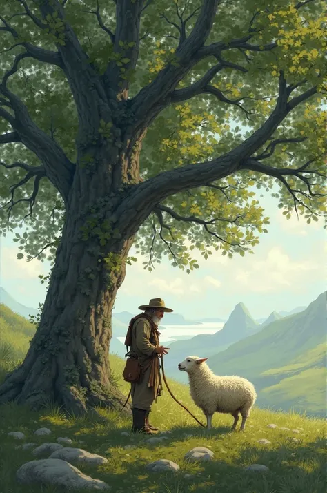 A sheep and a shepherd are sitting talking to each other under a big tree