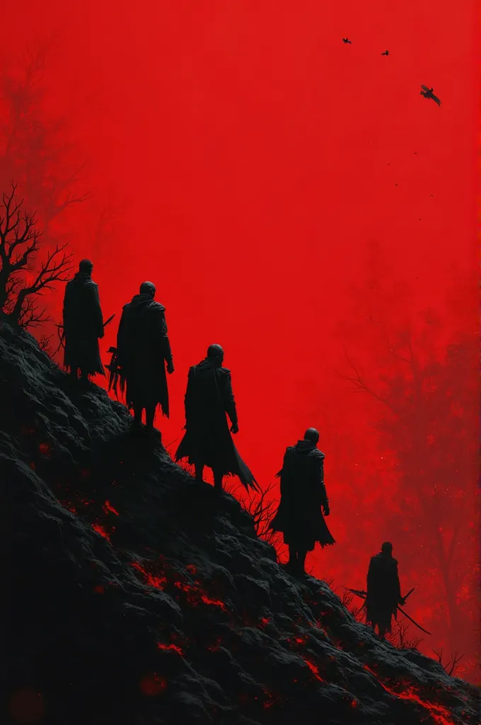 Balck shadows of men standing on a slop with red background 