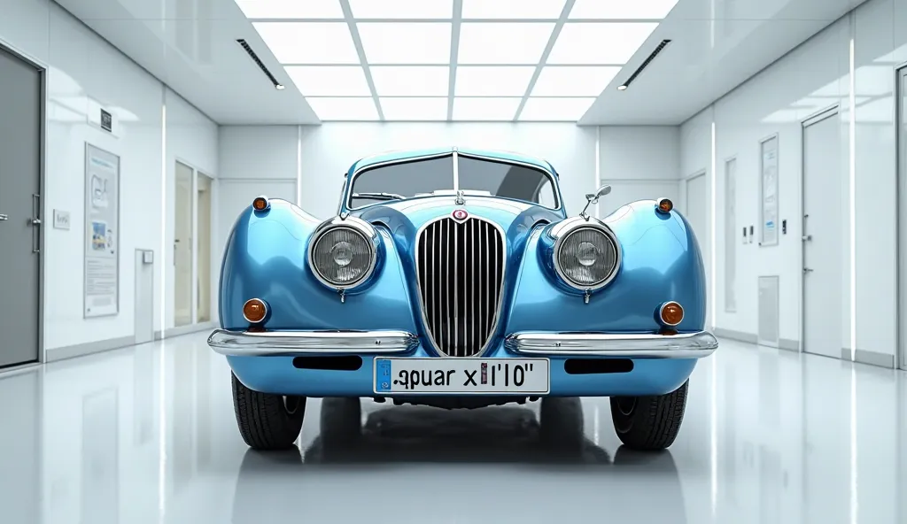 "A high-quality, ultra-detailed front view of a blue 1950 Jaguar xk120 displayed in a modern white showroom with bright, even lighting and glossy floors. The car is shown in 4K resolution, highlighting its bold grille, sharp headlights, front bumper, and J...