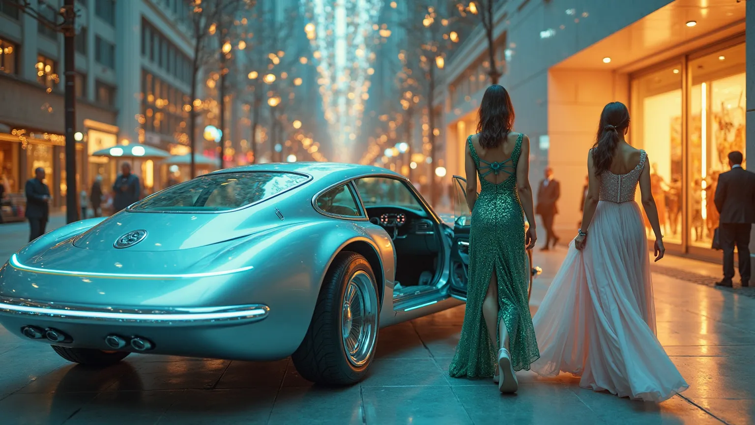 Two elegant women in futuristic evening gowns step out of a levitating luxury coupe, its smooth silver body adorned with glowing blue stripes. One wears a shimmering emerald-green dress with an asymmetrical slit, the other a soft pastel-pink gown with a fl...