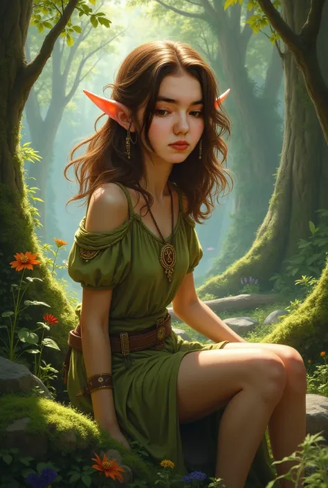 Beautiful short brown haired elf in the forest 