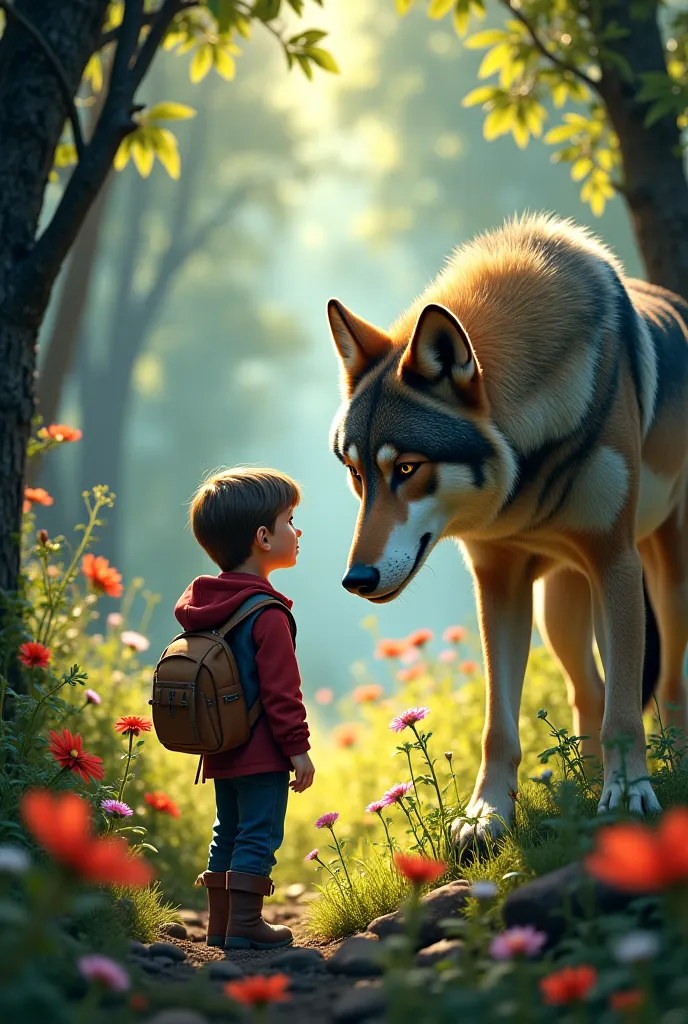 Thomas está agachado no chão, looking very carefully at a wounded magic wolf. The wolf has a shiny coat and seems to be in a bit of pain, but his eyes are kind and full of mystery. Thomas, with a look of concern and courage, he extends his hand as if he wa...