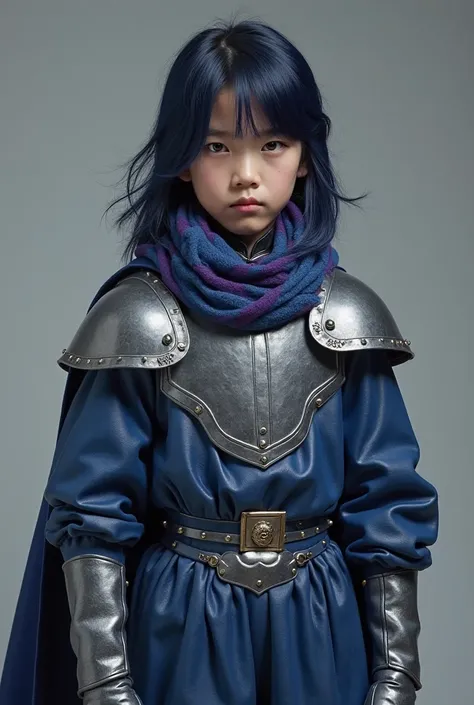 Live Action Tall Asian Tween Boy With blue Skin and Long Flowing Shoulder-Length Dark Blue Hair with Bangs, Wearing a VERY Long Sleeved Baggy Dark Blue Full-Body Leather Suit With Metal Shoulder pads, Metal Chest Plaited Armor, With Grey Glossy Leather Glo...