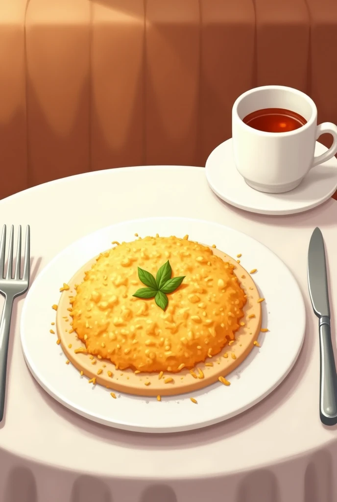 In a cozy cartoon cafe, close-up view from above: on the table with a white tablecloth on a white plate, the dish is a beautiful roasted grated potato casserole, fork next to, a knife, a cup of tea on a saucer