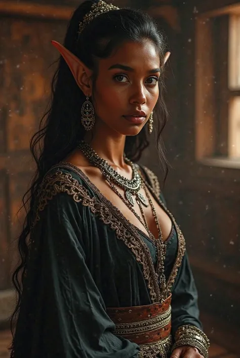 Upper body shot, North African woman, pointed elf ears, caramel skin, black hair, closed mouth, ancient Nordic noble attire, Nordic jewelry, dynamic pose, complex fantasy character, NSFW, cinematic lighting, fantasy, magic, detailed background, in an ancie...