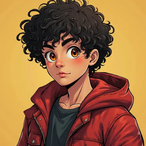 a 16-year-old ager, man, Male Hair, strong, chubby,  young, American, latino, Tosca&#39;s way, a lot of energy , bright amber eyes, a black Liza flannel and a red jacket on top with the hood on the back also red, She wears short curly hair,  Comic style im...