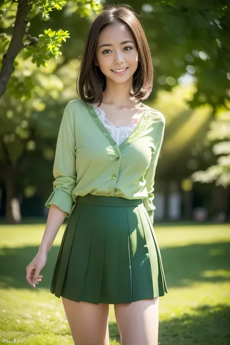 (8k, RAW photo, photorealistic, HQ, masterpiece, Brightly exposed photo), a cute Japanese woman, (glowing eyes), 
(shy smile), dark brown hair, (A classy outfit for spring, white blouses, Lace cardigan, below-the-knee-length  skirt), Walking pose, (in A va...