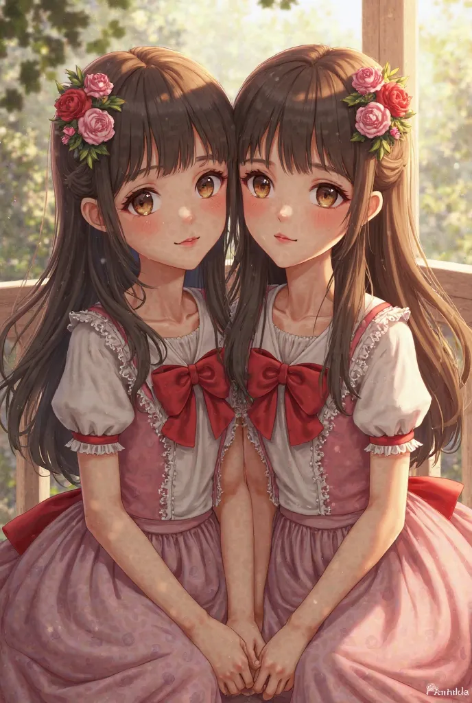 Image of twin girls about  , with brown hair and eyes ,  light leather balcony , dressed in beautiful girl's dresses and red bows as realistic as possible


I don't want animation.. I want them to look real