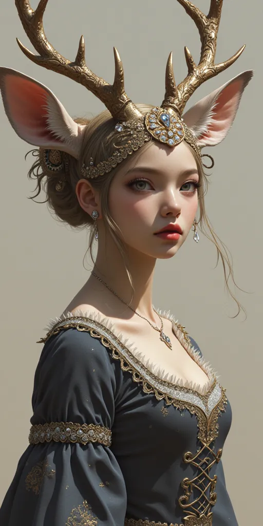 looks like an older sister。The head is a deer with a delicate coat drawn on it、The eyes are embedded with sparkling jewels、It has splendid horns 。The body is a human female、 girl wearing a long sleeve dress 