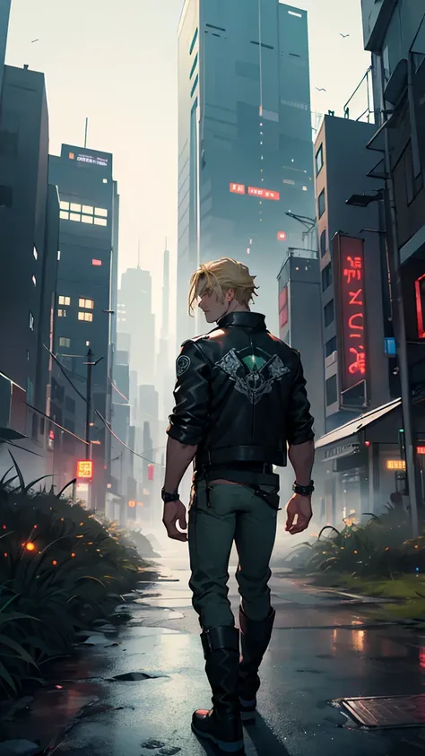 1Men, Solo, slim and tall;  Blonde Hair; green iris; dark green futuristic leather jacket, with a "speak with dead" print on the back, Belts on cloth, cyber city background, hand in pocket, looking to the side, high boots with belts, night, view from behin...