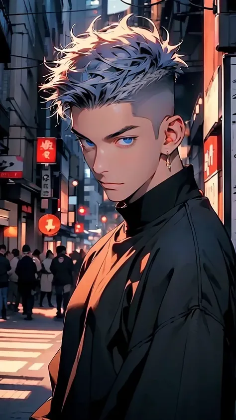 highest quality, 8k, high resolution image, anime style Jujutsu Kaisen seen from the front, detailed strokes, slightly tanned skin, blurry, smile, purple light reflecting from it, (close angle), 1 man, young, male, model, cool guy, Muscular, blue eyes, lig...