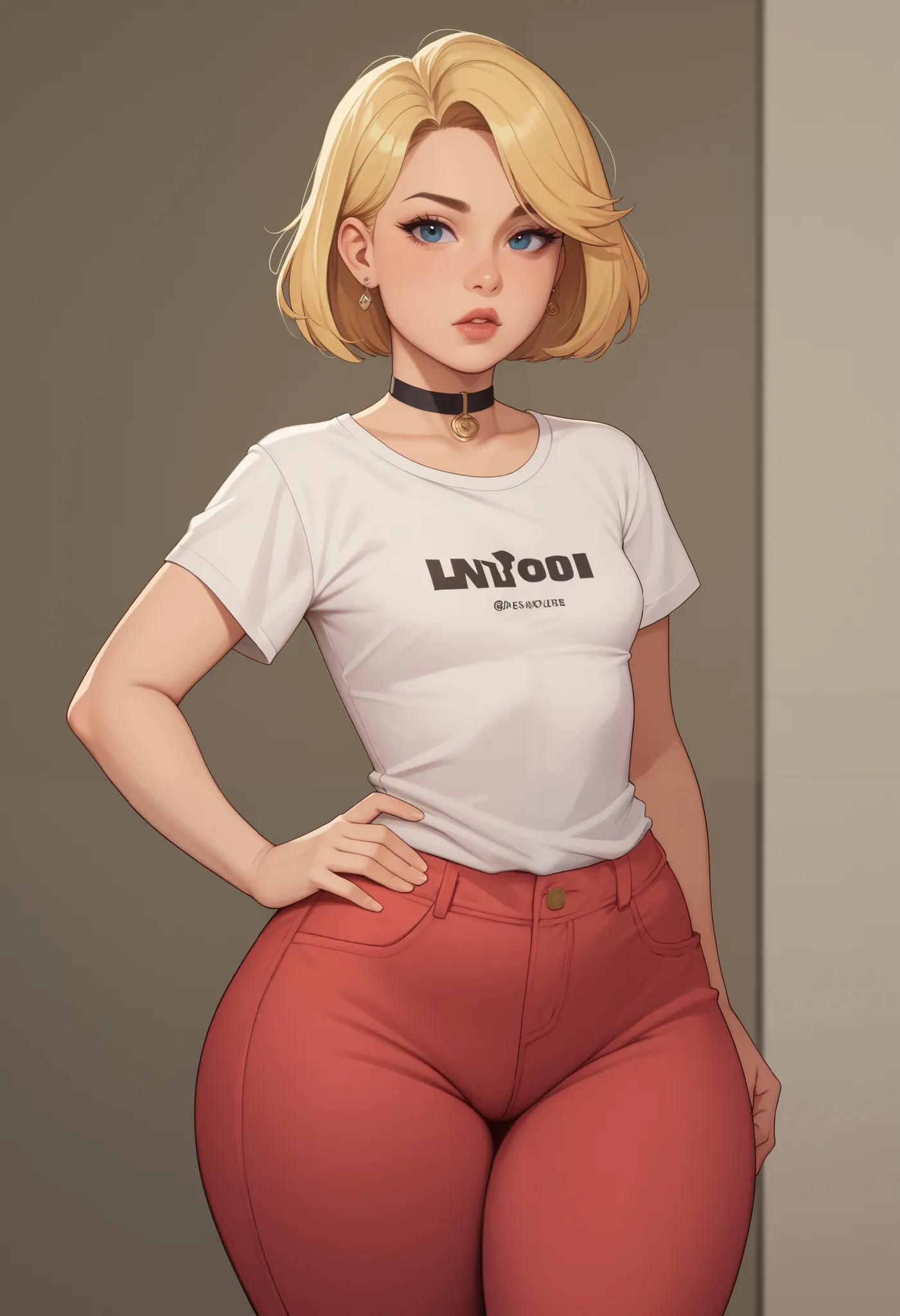 rita loud, mature woman, blonde hair, solo, short hair, small breasts, huge hips. huge ass. earrings, | choker. shirt, open mouth, pants, looking at viewer,hand on hip, cowboy shot
