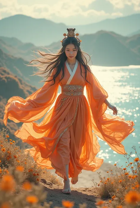 Beautiful Korean woman dressed as the guardians of the orange bay and running to the sea