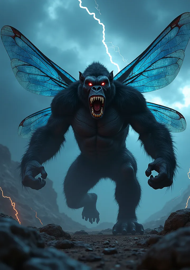 A hyperrealistic, cinematic close-up shot of a colossal, enraged anthropomorphic hybrid monster, seamlessly blending the powerful physique of a gorilla with the delicate, iridescent wings of a dragonfly.  Its immense, muscular frame dominates the frame, fu...