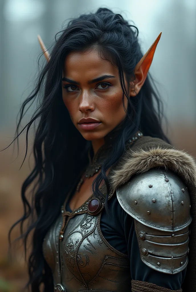 Upper body shot, North African woman, pointed elf ears, caramel skin, black hair, closed mouth, ancient Nordic armor with wolf fur cape, combat pose, dynamic pose, complex fantasy character, NSFW, cinematic lighting, fantasy, magic, detailed background, on...