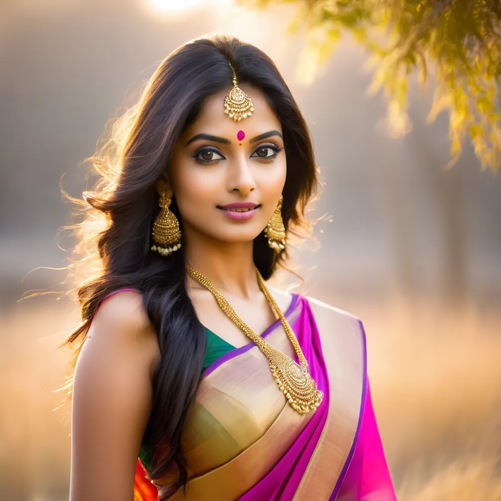 A beautiful Indian female model with golden-wheatish skin. Her large attractive eyes are adorned with kohl and her lips are pink with a natural shine. She is tall, slender and has an attractive figure. She is wearing a traditional but modern style saree ma...