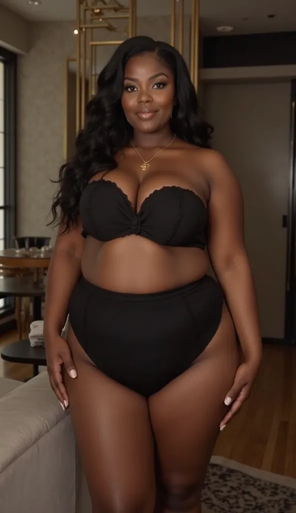 A black woman with an exaggeratedly curvy body, with huge breasts and wide hips. Her skin is smooth and glowing, and she is wearing a tight outfit that highlights her curves. The setting is well lit, with a sophisticated and modern background. Her pose is ...