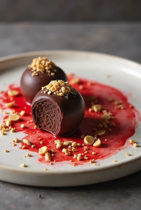 Make a chocolate dessert dish of cake pops with only 2 serving on top is a smashed roasted peanuts and a splat of strawberry syrup as a sauce underneath and add some garnish