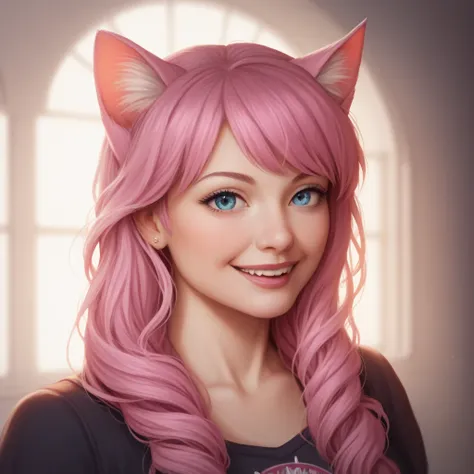 A Pretty Girl With Cat Ears, Pink Hair Without Lipstick. Une robe avec une photo de chat. She's holding a cat in her arms