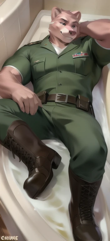  alone,  man big tall , Lying on the floor ., bathtub night , pink bear  ,black Dark Green military Army uniform commander​,  wearing boots ,  heavy overload,  muscle,  Smirking ​, by chunie 