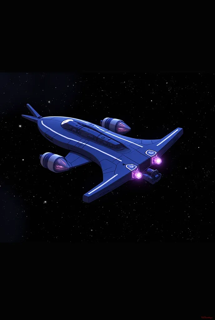 Sleek, futuristic, sci fi, hyperadvanced blue Star Trek Covenant style alien spacecraft with blue hull, turrets, an antenna and purple phaser arrays