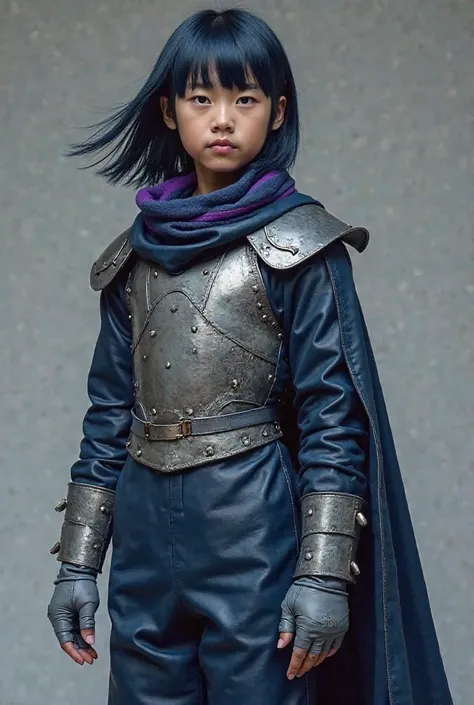 Live Action Tall Asian Tween Boy With blue Skin and Long Flowing Shoulder-Length Dark Blue Hair with Bangs, Wearing a VERY Long Sleeved Baggy Dark Blue Full-Body Leather Suit With Metal Shoulder pads, Metal Chest Plaited Armor, With Grey Glossy Leather Glo...