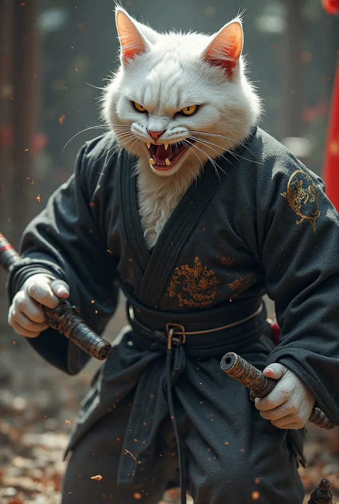 A white angry muscular cat in a black kimono 