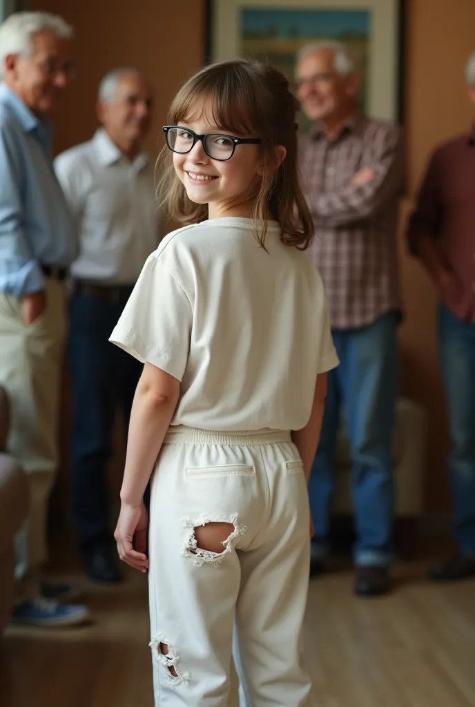 Full body photo rear side view of wholesome and innocent looking pale skinned 11yearold British girl with reading glasses in lounge room smiling at camera wearing blouse and sweat pants torn up with large gaping holes completely exposing her bum cheeks.. g...