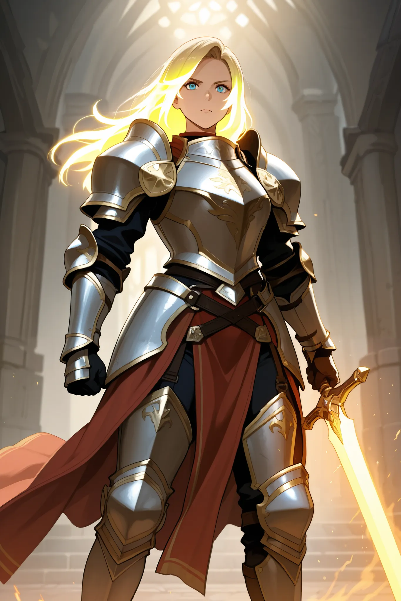 Female, paladin, holy sword, beautiful, adventurer, fantasy, anime-like style, armor, heavy armor