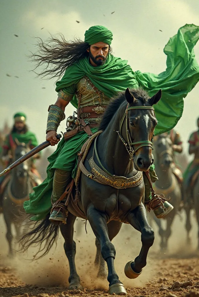 A man fights in battle, his clothes are green, his turban is green, his cloak is green and his hair is long. The picture does not show a face with a sword and his side are horses and the army 