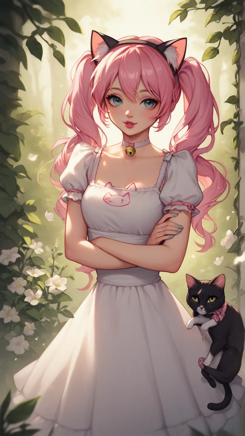 Miku With cat ears, Pink Hair Without Lipstick. Une robe avec une photo de chat. She is holding a cat in her arms