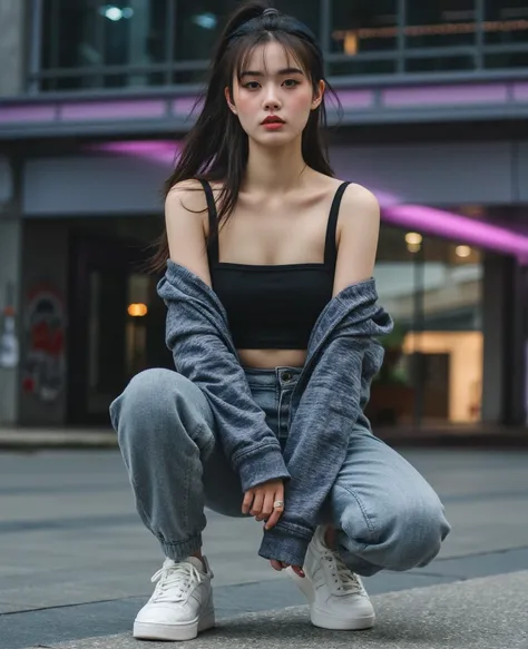 A young Malaysian Malay woman, aged 20-29, exuding confidence and style in a trendy streetwear outfit. She wears a stylish crop top paired with high-waisted yoga pants. Her sneakers are sports sneakers, complementing her urban aesthetic. Her makeup is slee...