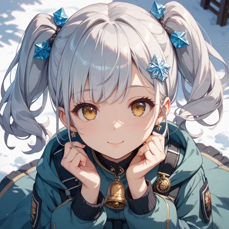 one girl、 Silver Hair、twin tails from above、bell hair ornament、 golden eyes、cute、 clear、Military cold protection、cold weather background