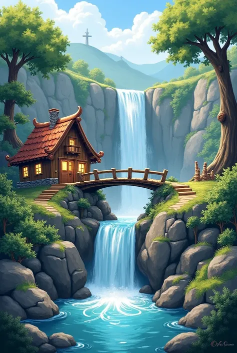 Falls with small house and a bridge easy draw landscape mode
