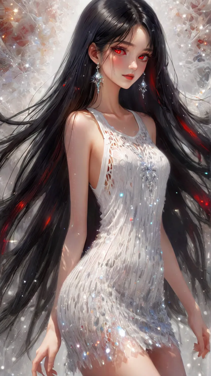  One girl ,  black hair,  red eyes,  very long hair,  high res, accurate,  top quality ,  High Details,  crystal earrings , Overlooking,  abstract , jewelry
1 girl, 　looks like an older sister　 White Knit Dress　 realistic photo images　
The black T-back lin...