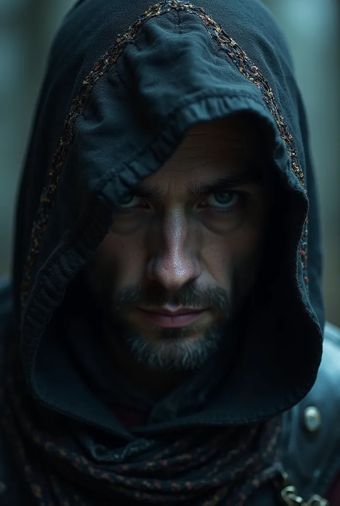 a picture by Jakob Emanuel Handmann,close-up of an elf in a hood and black light armor , , dark hood cinematic lighting,  robber,  dressed as a rogue, Portrait of a thief,  still from a science fiction movie ,эльф- robber,Ryan Thomas Gosling , Billie herri...