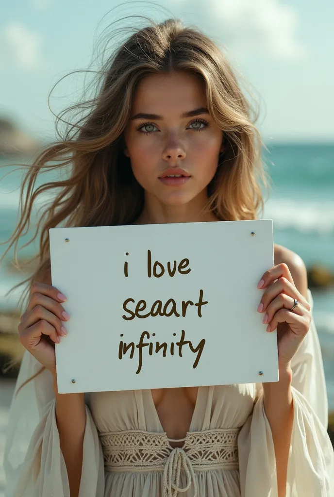 Beautiful girl with long wavy hair, bohemian dress, holding a white board with the text " I Love Seaart Infinity " y showing it to the spectator