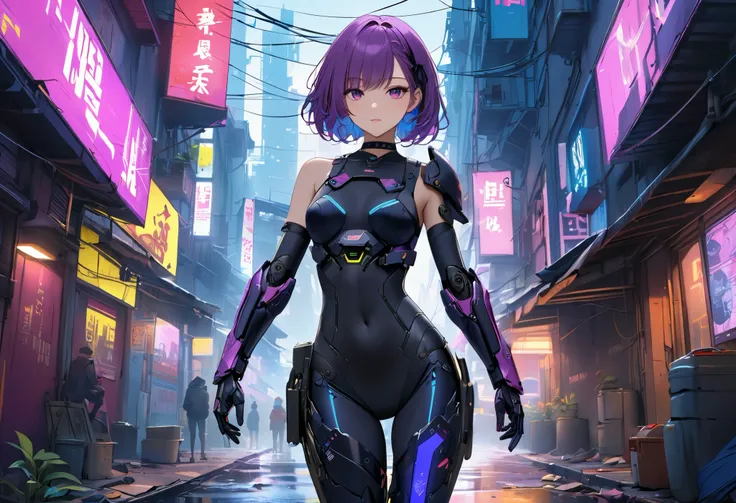 masterpiece, Highest quality, perfect face, highest resolution,  eyes, 1 woman, slender body, orchid color hair, Wavy bob hair, deep purple color eyes, cyberpunk, iron blue mechanical arm guards, iron blue mechanical leg guards, Black body armor, Expose Sh...