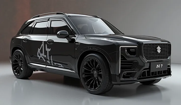 create an ultra-detailed 3D render, of a Modred 2026 Suzuki XL7  with a bold design looking long  captured from  straight side view. The car should feature a ' diamond black   with a XL7 logo on its side, a large white detailed grille like rolls royce spec...