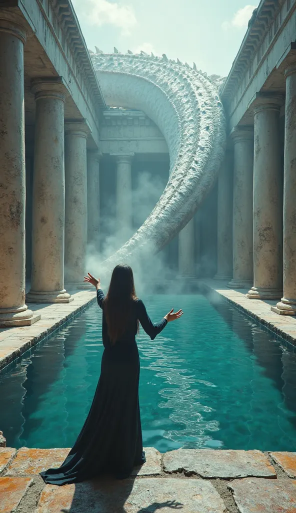 A first-person perspective of a mysterious figure extending her hands toward an enormous white serpent emerging from the water. The scene takes place in an ancient Greek temple, with majestic columns surrounding a deep blue water mirror