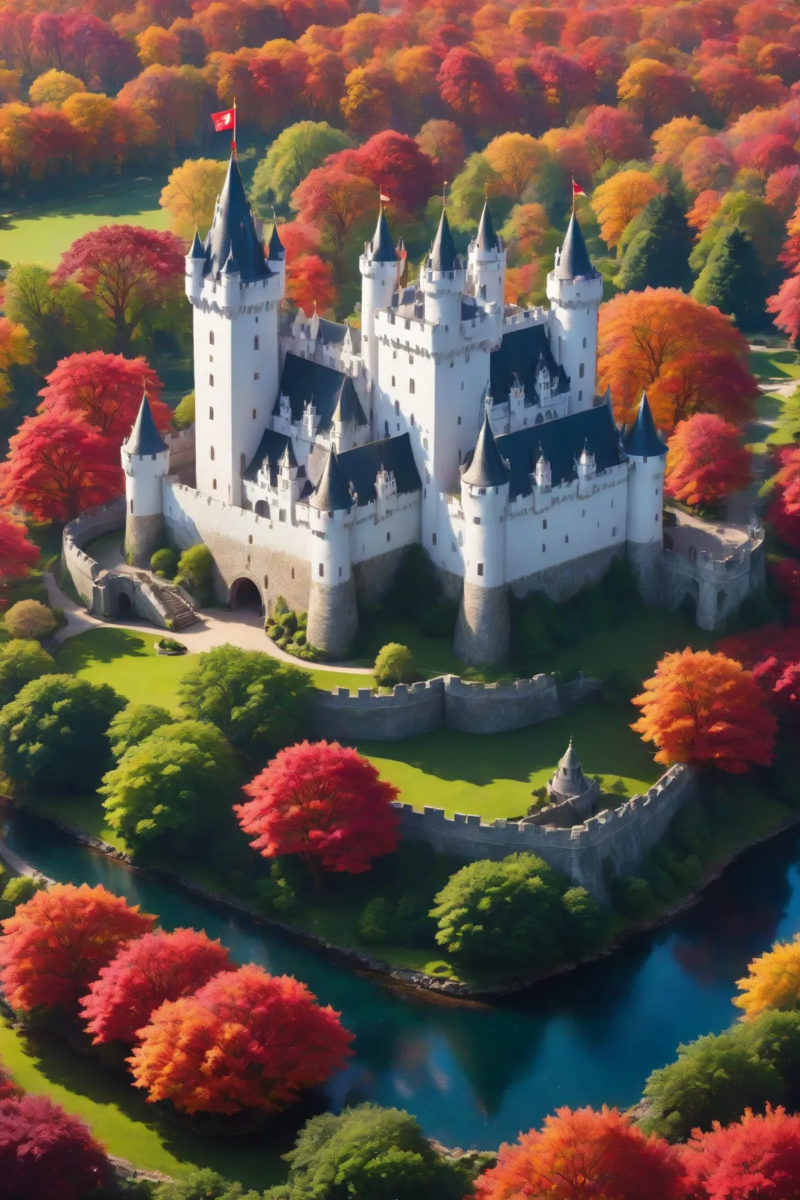 A white castle with red flags, in front of the castle is the castle garden with red-leafed trees, smaller buildings inside the castle walls, map,