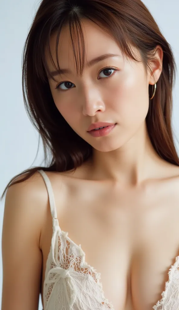 She is in a pose wearing a sexy camisole, making a firm big heart shape with both hands, and holding it in front of her chest, Cute smile up、Monotone background, 
((front)), ((Medium breasts)), ((Saggy breasts:1.4)), (((Photograph her from her face to her ...