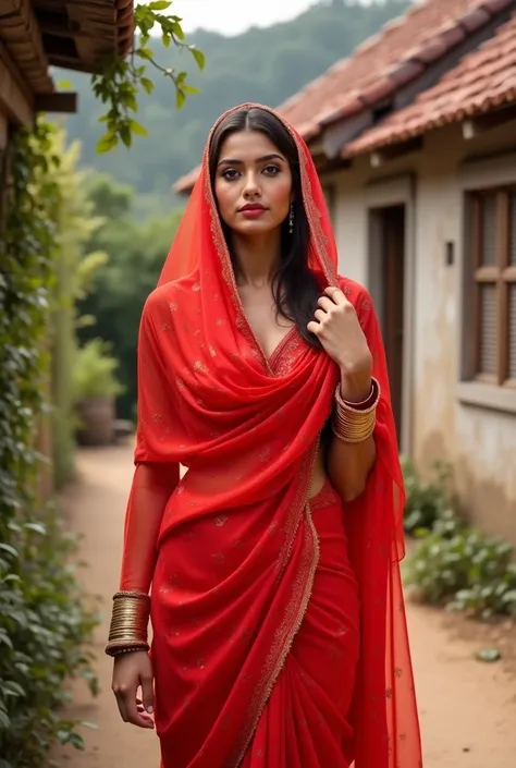 A woman with red saree and a viggege house 