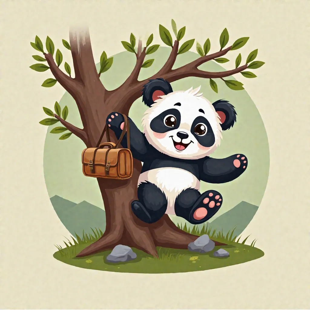 Design a logo with an adorable adventurous baby panda, with fluffy black and white fur and big, bright eyes, playfully hanging from a sturdy tree branch. The panda holds onto the branch with one paw, its small travel bag resting beside it. The branch is co...